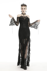 Black Off Shoulder Long Sleeves Lace Lace-Up Women's Gothic Mermaid Wedding Dress - Black - 1