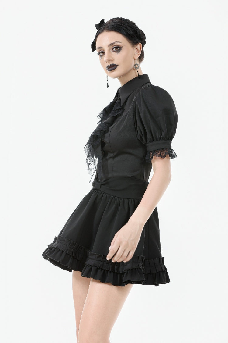 Black Point Lapel Collar Short Puff Sleeves Women's Gothic Blouse with Removable Rosette Cravat - Product - 6