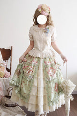 Green [Cat Rose Tea] Print Ruffle Daily Sweet Lolita Skirt - Product - 5
