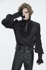 Black Stand Collar Long Sleeves Jacquard Ruffle Men's Gothic Blouse - Black - 1