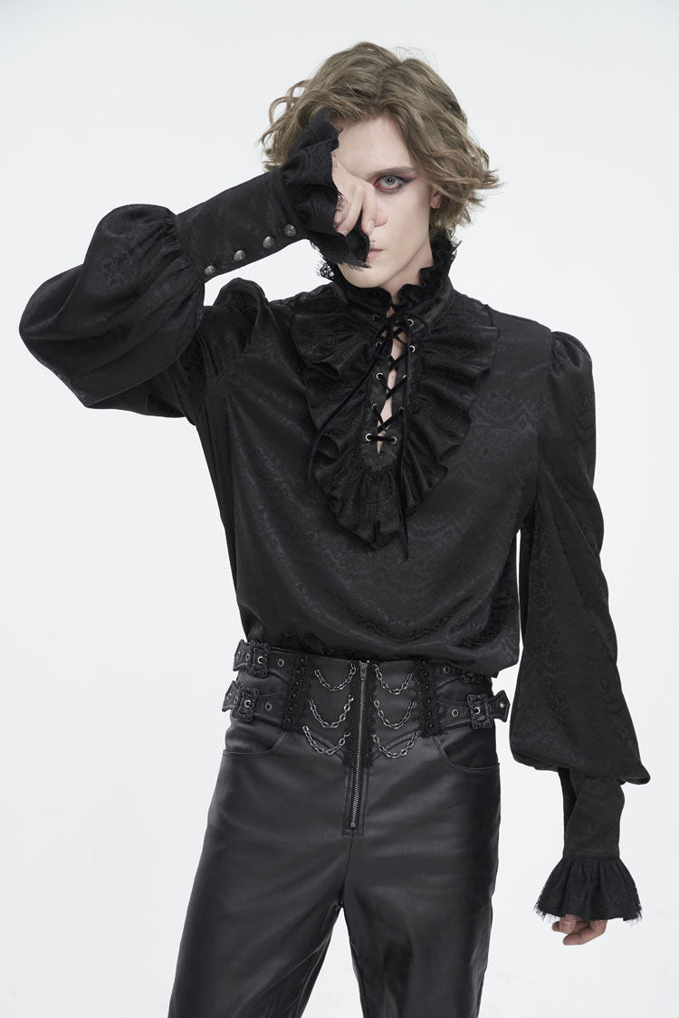 Black Stand Collar Long Sleeves Jacquard Ruffle Men's Gothic Blouse - Black - 1