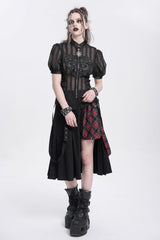 Black Stand Collar Short Puff Sleeves Sheer Mesh Women's Gothic Blouse - Product - 10