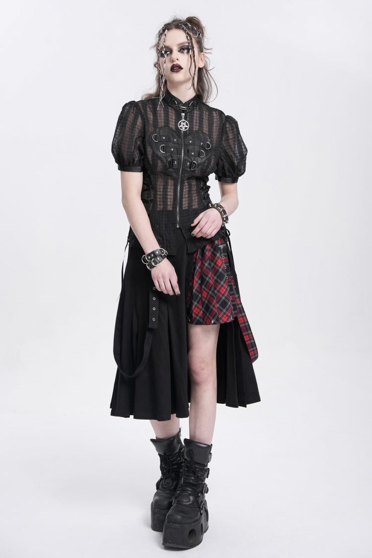 Black Stand Collar Short Puff Sleeves Sheer Mesh Women's Gothic Blouse - Product - 10