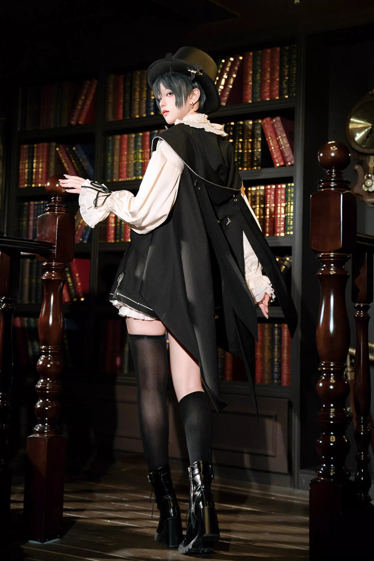 Black [Rabbit-Ear Meteorite] Stand Collar Long Sleeves Ruffled Embroidered Bow Gothic Ouji Lolita Shorts Vest Set - Product - 6
