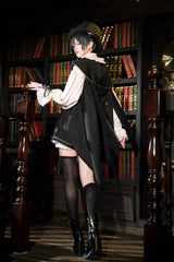 Black [Rabbit-Ear Meteorite] Stand Collar Long Sleeves Ruffled Embroidered Bow Gothic Ouji Lolita Shorts Vest Set - Product - 6