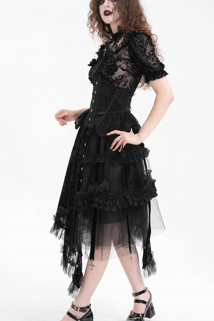 Black Jacquard Cut-Out Lace Asymmetric Pleated Women's Gothic Luxurious Skirt - Product - 5