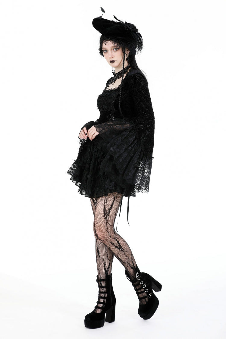 Black Square Collar Long Flared Sleeves Multi-Layered Lace Trim Lace-Up Women's Gothic Velvet Dress - Product - 11