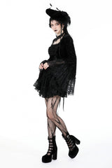 Black Square Collar Long Flared Sleeves Multi-Layered Lace Trim Lace-Up Women's Gothic Velvet Dress - Product - 11