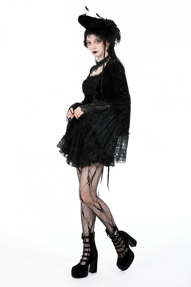 Black Square Collar Long Flared Sleeves Multi-Layered Lace Trim Lace-Up Women's Gothic Velvet Dress - Product - 11