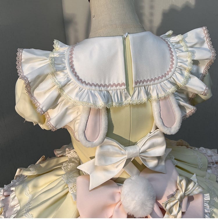 Yellow & Pink Bunny Maid Sweet Lolita Puff Sleeve Dress detail view 13