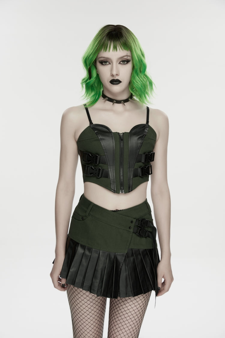 Black/Green Spliced Lace Lace-Up Slim Color-Blocked Zippered Women's Punk Cool Corset - Product - 9