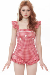 Square Collar Sleeveless Plaid Printed Ruffled Sweet Lolita One-Piece Swimsuit 6 Colors (Blue, Pink, Green, Yellow, Purple, Red) - Red - 14