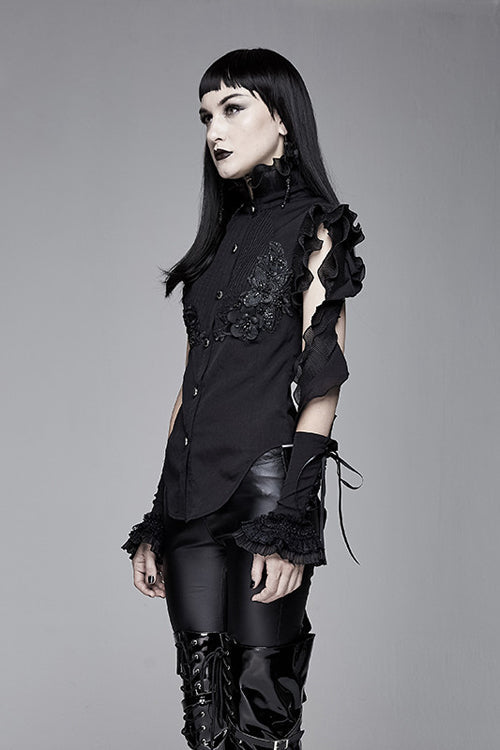 Black Ruffled Lace Sleeves Chiffon Swallowtail Womens Gothic Blouse - Product - 2