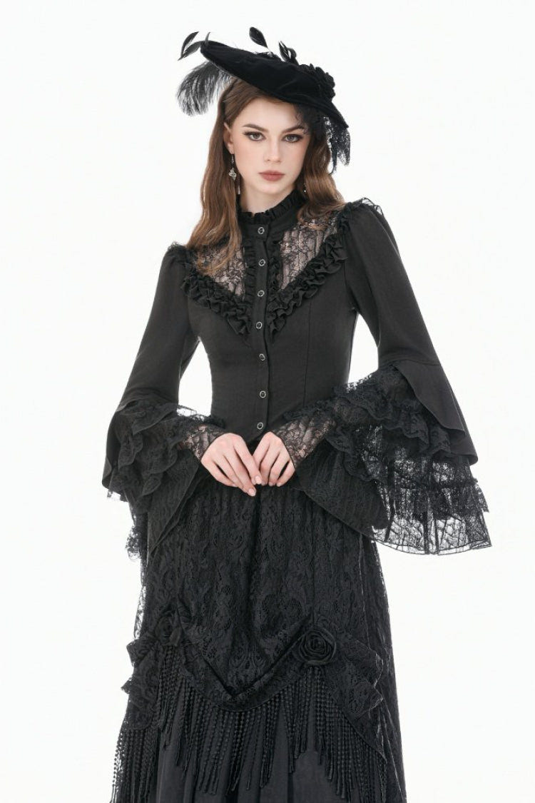 Black Stand Collar Long Trumpet Sleeves Multi-Layered Ruffled Lace Patchwork Lace-Up Women's Victorian Gothic Blouse - Black - 1