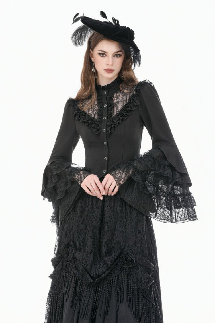 Black Stand Collar Long Trumpet Sleeves Multi-Layered Ruffled Lace Patchwork Lace-Up Women's Victorian Gothic Blouse - Black - 1