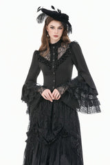 Black Stand Collar Long Trumpet Sleeves Multi-Layered Ruffled Lace Patchwork Lace-Up Women's Victorian Gothic Blouse - Black - 1