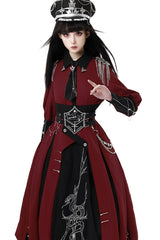 Red/Black [Scarlet Night Knight] Metal Chain Print Bowknot Gothic Military Elegant Lolita Dress - Product - 6