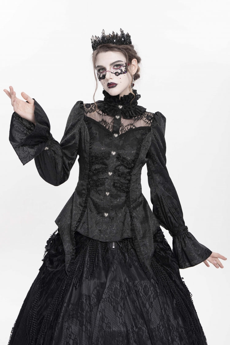 Black Stand Collar Long Sleeves Jacquard Hollow Lace Women's Gothic Blouse - Product - 5
