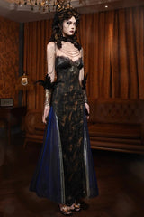 Black Gilded European Style V Collar Sleeveless Print Ruffle Lace Slim Gothic Lolita Jsk Dress - Product - 6