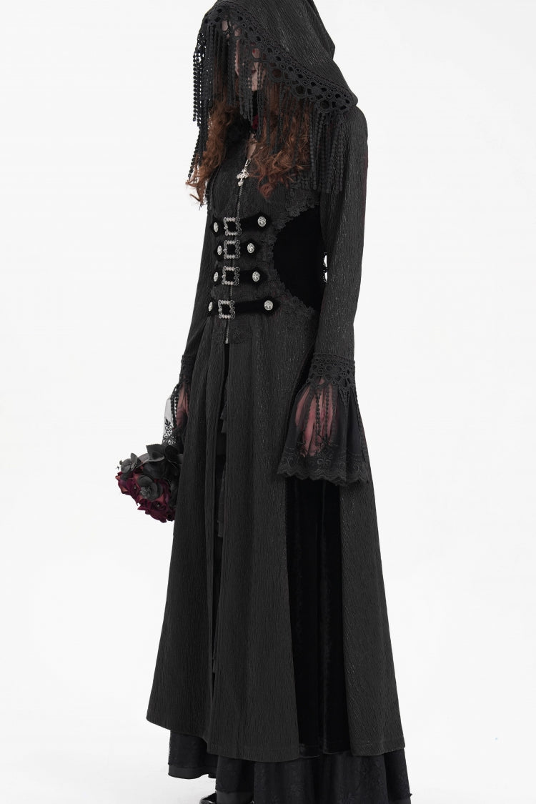 Black Buckle-up Tassels Hooded Women's Gothic Coat - Product - 4