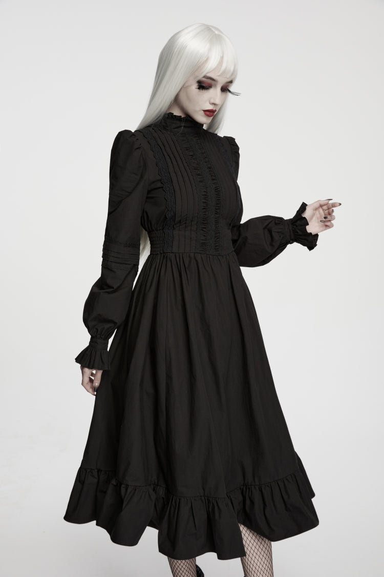 Black Stand Collar Long Trumpet Sleeves Pleated Women's Gothic Royal Dress - Product - 5