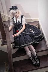 Black [Night Rose] Ruffle Bowknot Lace-Up Short Front and Long Back Gothic Gorgeous Lolita Jsk Dress - Product - 10