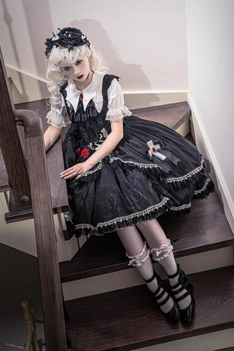 Black [Night Rose] Ruffle Bowknot Lace-Up Short Front and Long Back Gothic Gorgeous Lolita Jsk Dress - Product - 10