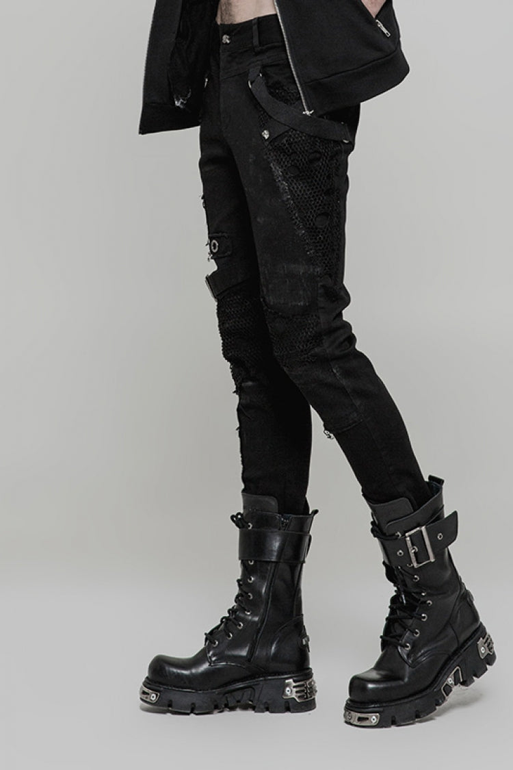 Black Metal Ring Buckles Stitching Mesh Men's Steampunk Pants - Product - 2