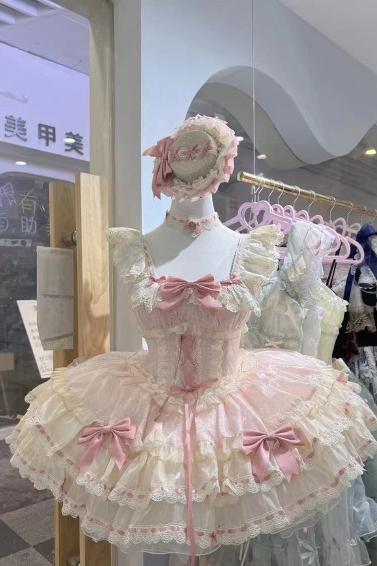 ピンク [Flory Butterfly] 二層 フリル リボン レース レースアップ スウィート バレエ ロリータ ジャンパースカート（JSK） 商品画像