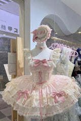 Pink [Flory Butterfly] Double-Layered Ruffle Bowknot Lace Lace-Up Sweet Ballet Lolita Jsk Dress - Product - 2