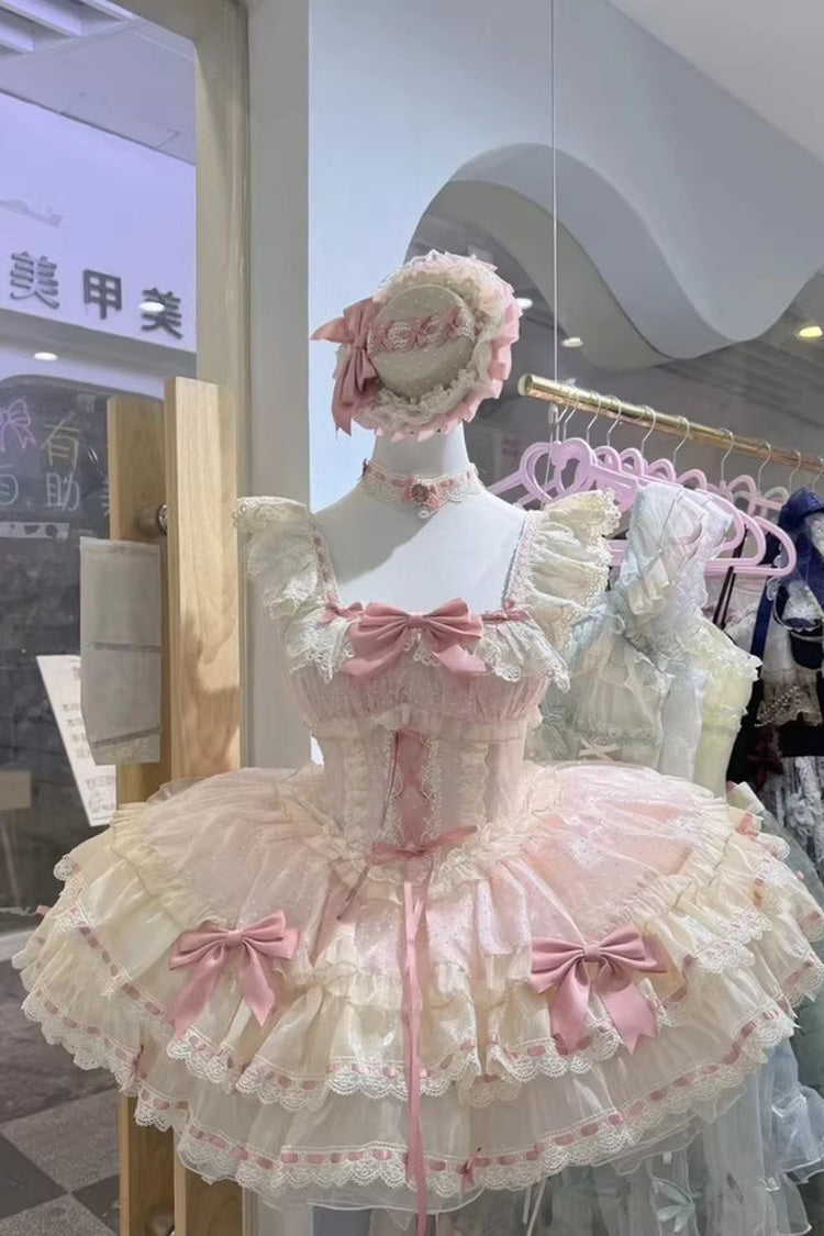 Pink [Flory Butterfly] Double-Layered Ruffle Bowknot Lace Lace-Up Sweet Ballet Lolita Jsk Dress - Product - 2