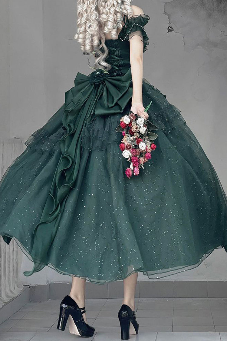 Green [Bright Stars] Off Shoulder Ruffle Bowknot Asymmetric Sweet Elegant Princess Lolita Dress - Product - 10