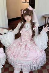 Pink [Sweetheart] Sleeveless Multi-Layered Embroidered Bow Lace Lace-Up Sweet Lolita Jsk Dress - Product - 6