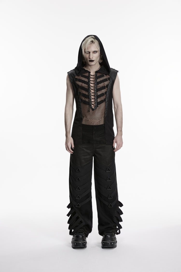 Black Spliced Lace-Up Slim Hooded Mesh Eyelet Men's Punk Cool Vest - Product - 2
