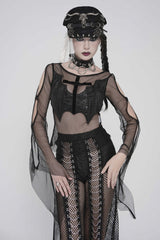 Black Round Collar Long Sleeves Cut-Out Sheer Eyelet Women's Punk Bat Cross Mesh T-Shirt - Product - 11