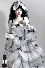 White [Cascade Poem] Sleeveless Multi-Layered Ruffle Hanayome Bowknot Lace Gothic Plus Size Gorgeous Lolita Jsk Long Dress - Product - 5