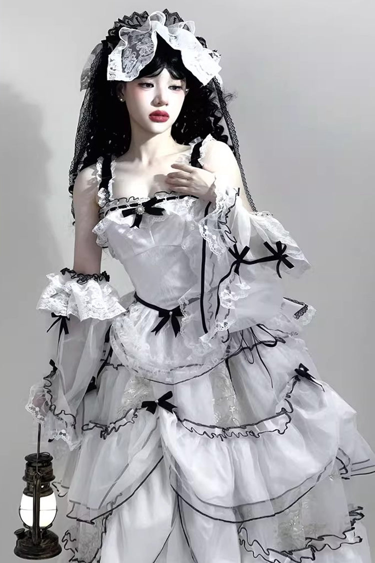 White [Cascade Poem] Sleeveless Multi-Layered Ruffle Hanayome Bowknot Lace Gothic Plus Size Gorgeous Lolita Jsk Long Dress - Product - 5