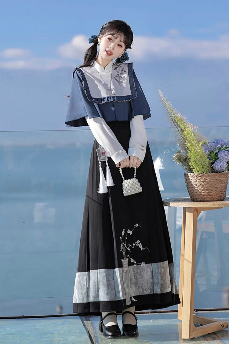 Black/Blue Round Collar Long Sleeves Print Slim Women's Classic Hanfu Dress Three-piece Set - Product - 2