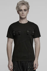 Black Round Collar Short Sleeves Pocket Denim Men's Punk T-Shirt - Black - 1