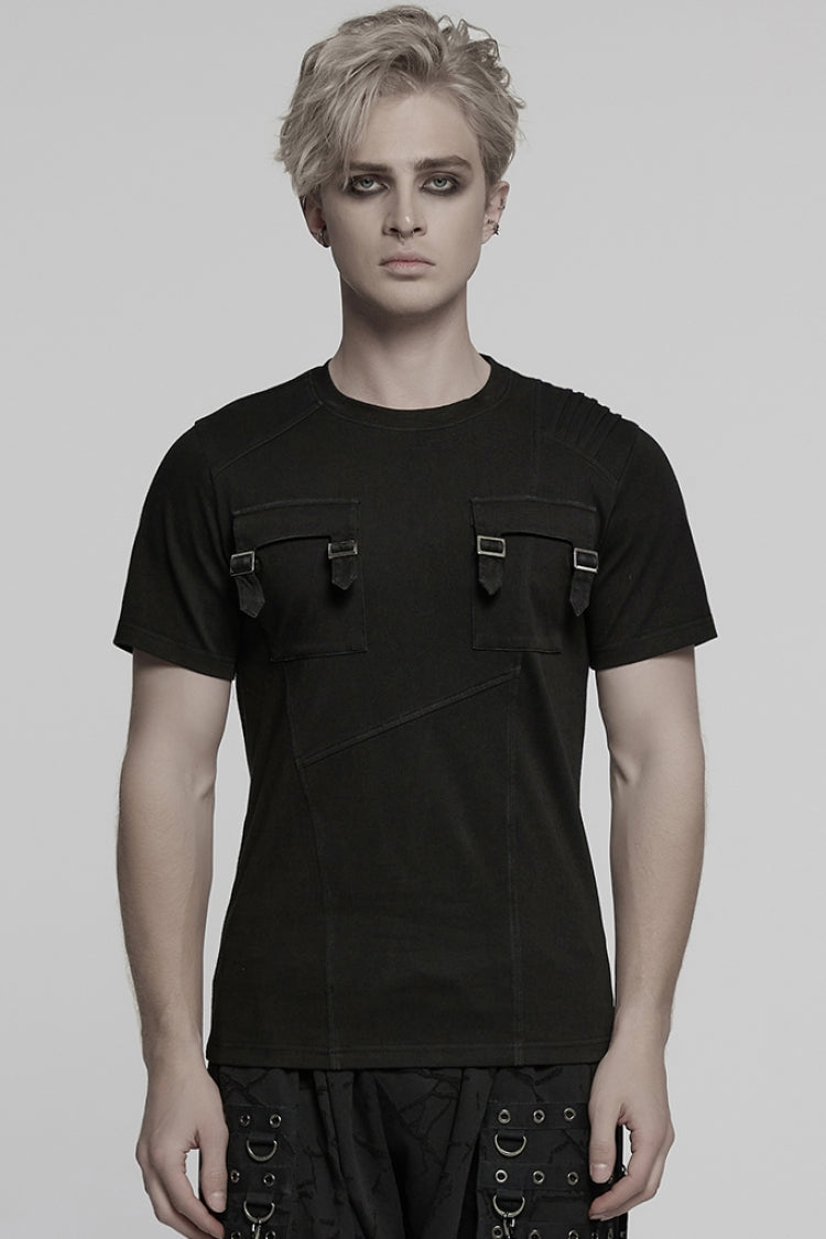 Black Round Collar Short Sleeves Pocket Denim Men's Punk T-Shirt - Black - 1