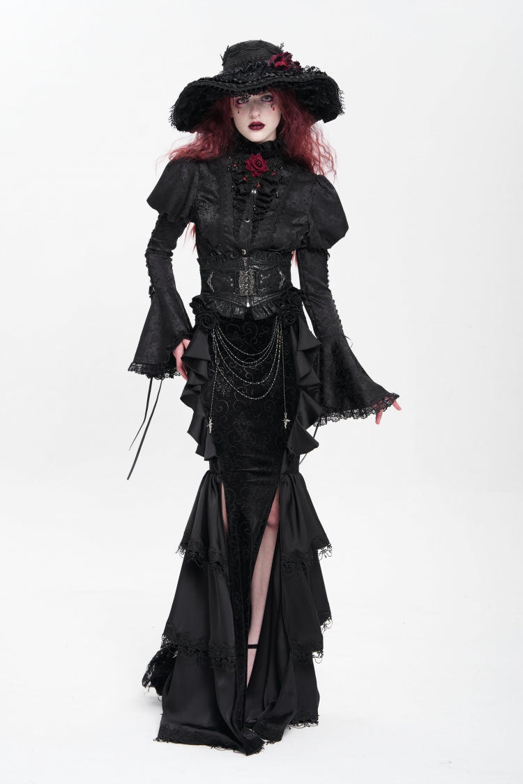 Black Floral Print Lace-Up Rose Chain Women's Gothic Fishtail Skirt - Product - 11