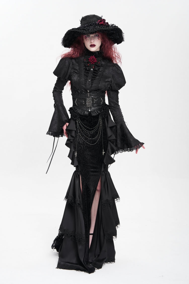 Black Floral Print Lace-Up Rose Chain Women's Gothic Fishtail Skirt - Product - 11