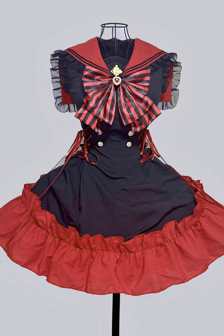 [Magical Girl] Doll Navy Collar Ruffle Bowknot Gothic Jirai Kei Japanese Dress 2 Colors - Product - 6