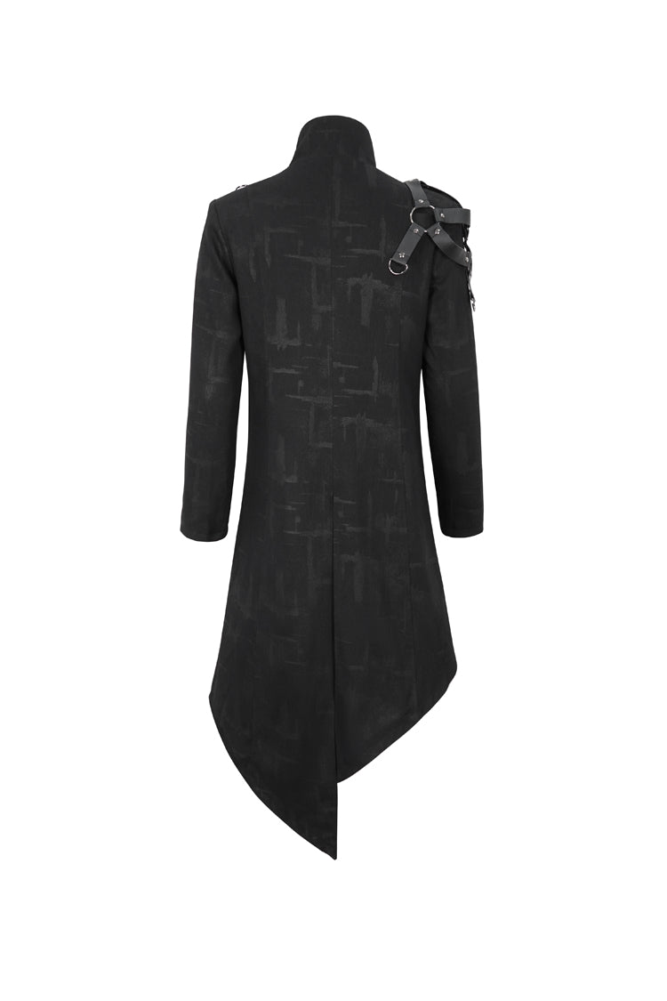 Black Stand Collar Asymmetric Hem Matching Shoulder Strap Long Men's Gothic Coat - Product - 8