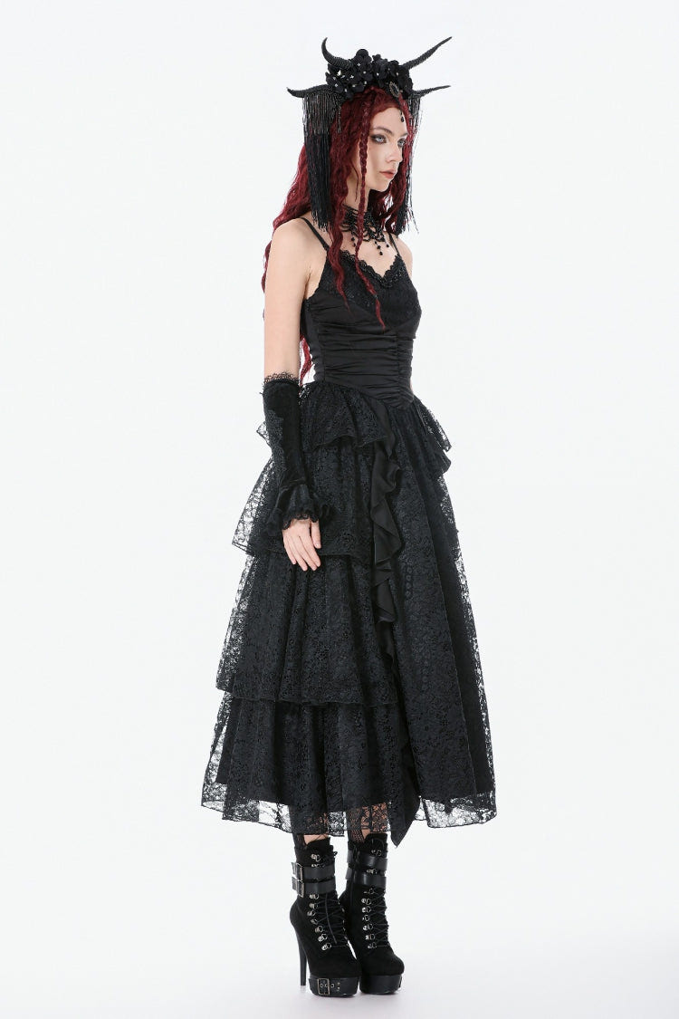 Black Sleeveless Multi-Layered Lace Ruched Women's Gothic Slip Maxi Dress Wedding Dress - Product - 9