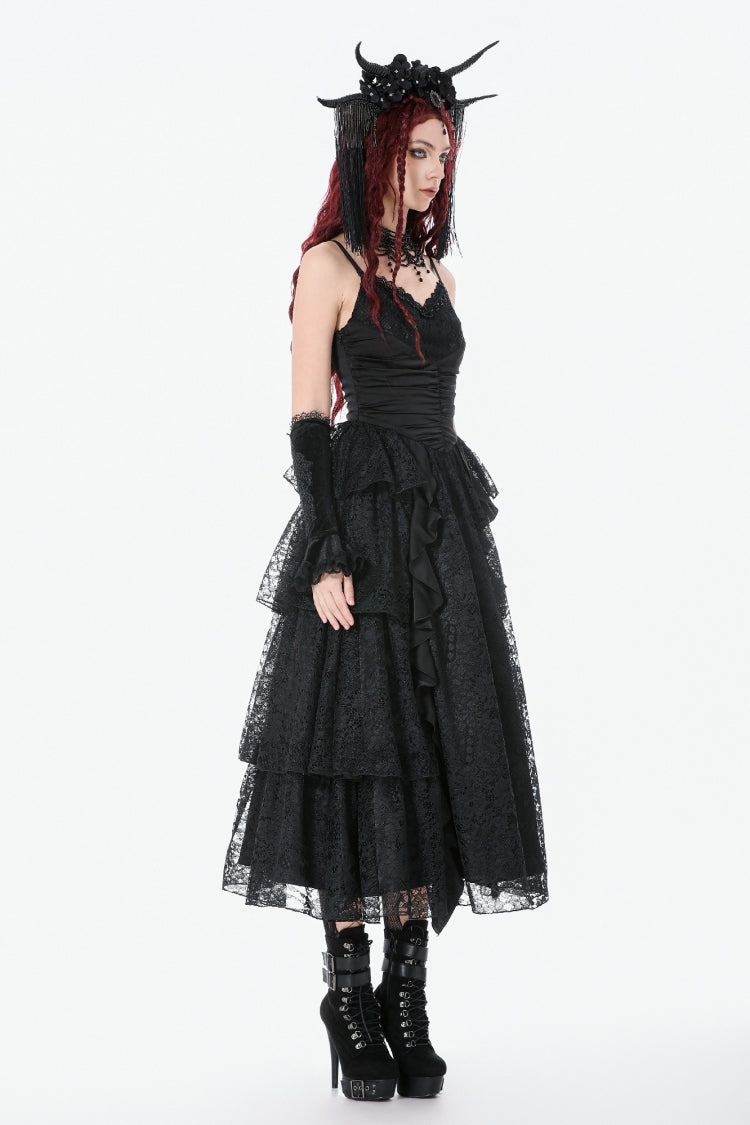 Black Sleeveless Multi-Layered Lace Ruched Women's Gothic Slip Maxi Dress Wedding Dress - Product - 9
