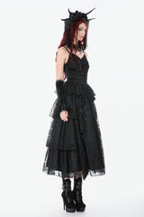 Black Sleeveless Multi-Layered Lace Ruched Women's Gothic Slip Maxi Dress Wedding Dress - Product - 9
