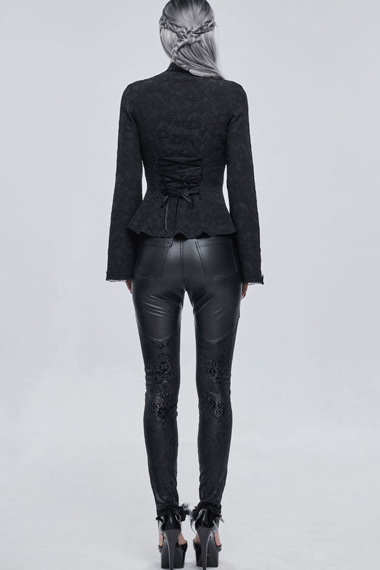 Black Gothic V-Neck Metal Buttons Pendant Lace Jacquard Frenulum Long Sleeves Women's Shirt - Product - 9