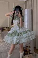 Green Multi-layer Ruffle Hanayome Lace Lace-Up Plus Size Sweet Lolita Jsk Dress (Short Version) - Product - 8