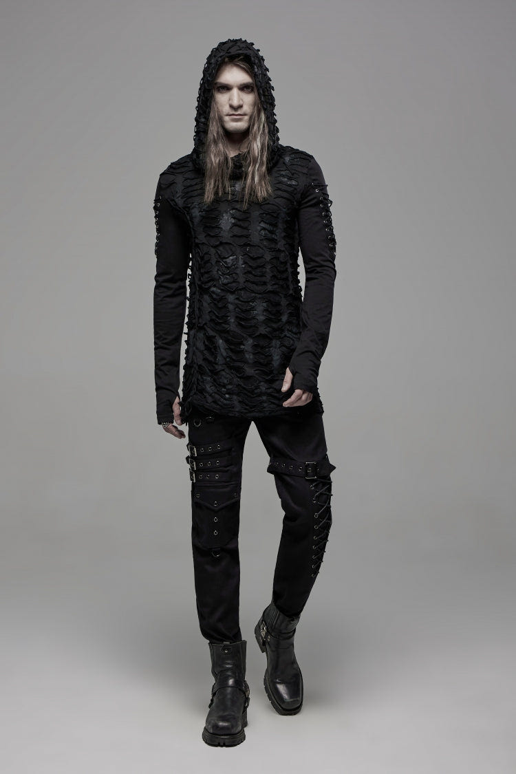 Black Long Sleeves Lace-Up Hooded Ripped Pleated Men's Gothic Cool T-Shirt - Product - 4